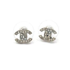 Chanel Classic Silver CC Crystal Small Piercing Earrings